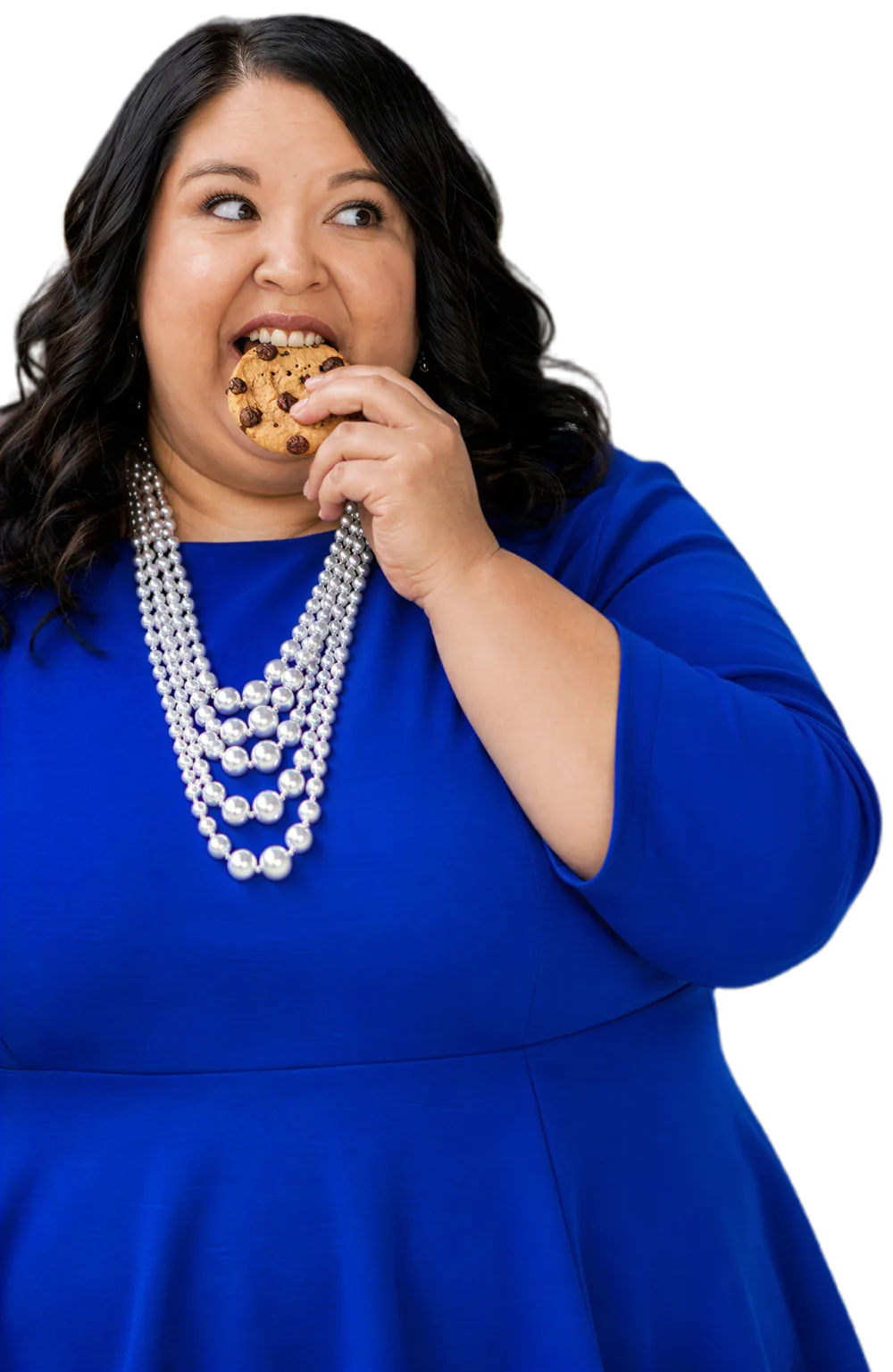 Photo illustration of Katy Padilla Stout eating a chocolate chip cookie